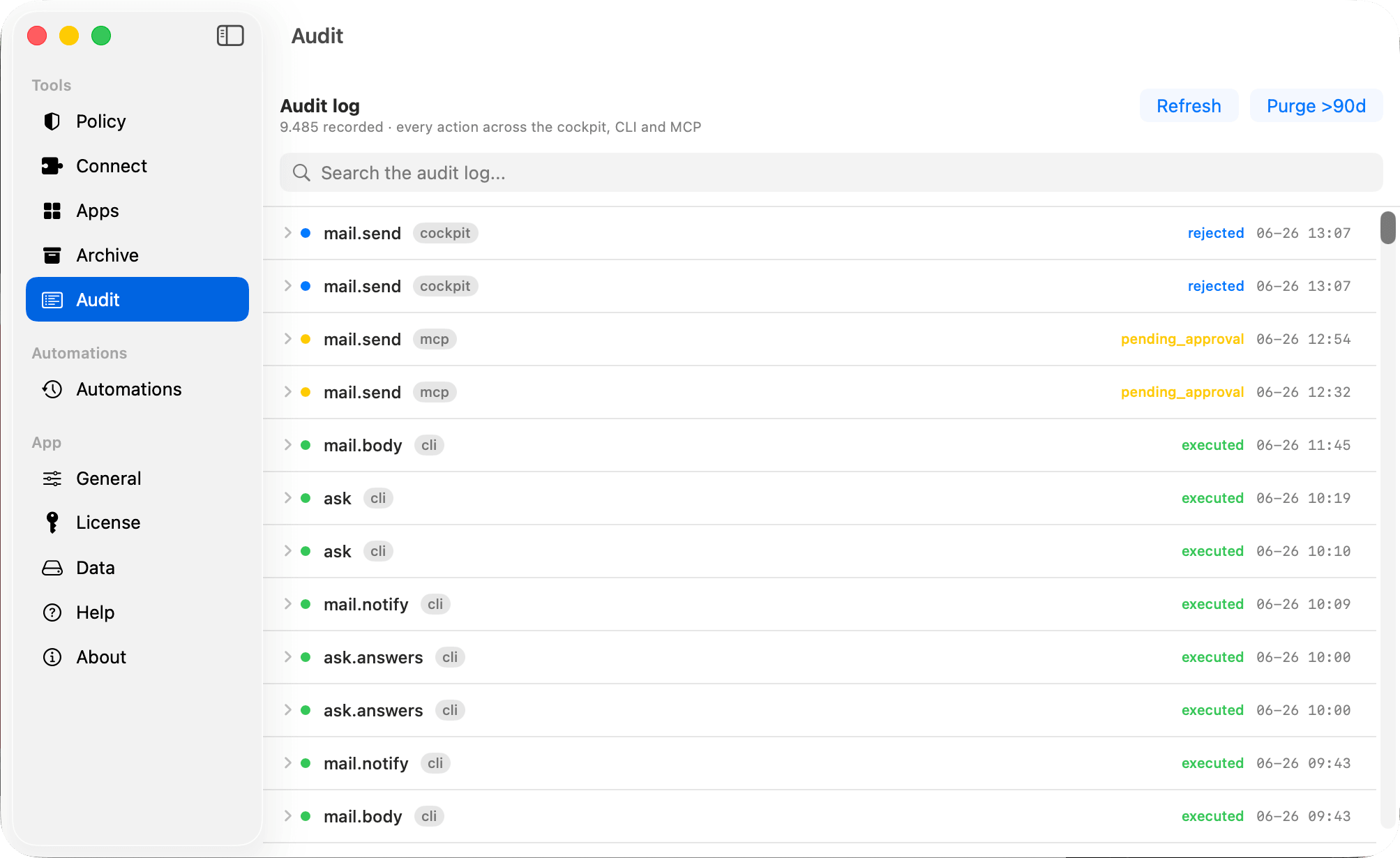 The Alfos audit log showing actions across cockpit, CLI and MCP, including rejected and pending-approval sends