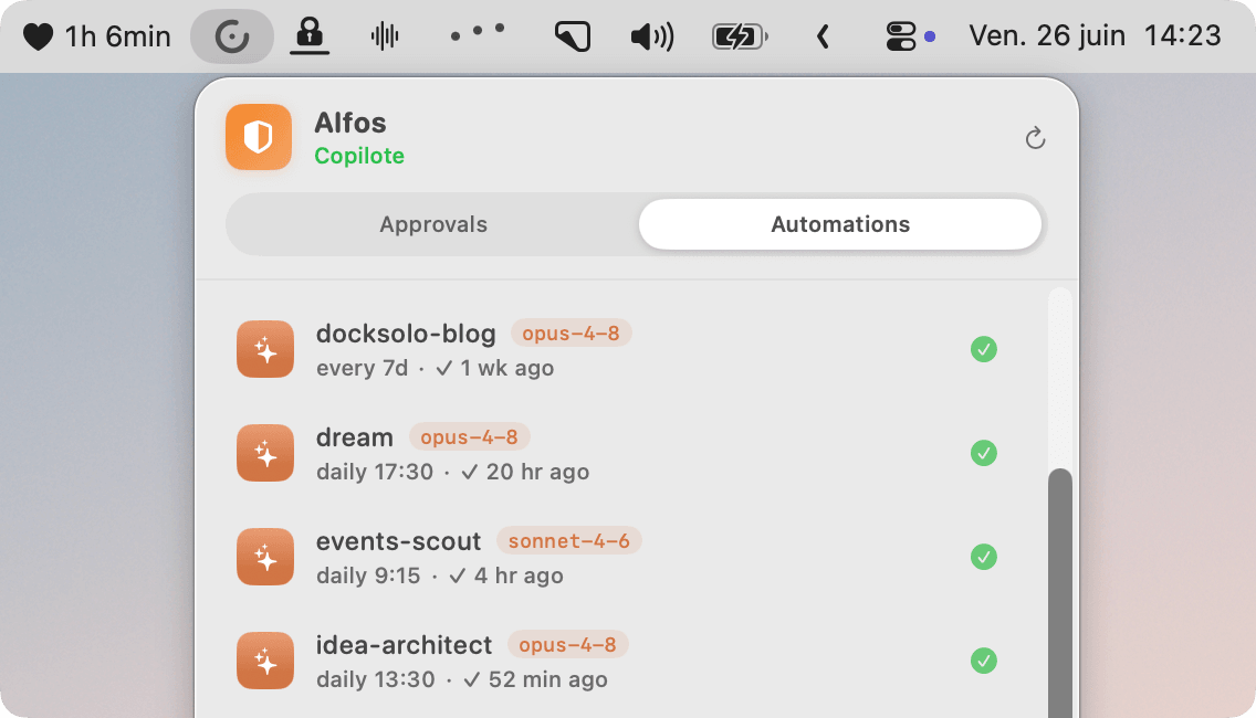 The Alfos automations list: recurring agents running on a schedule