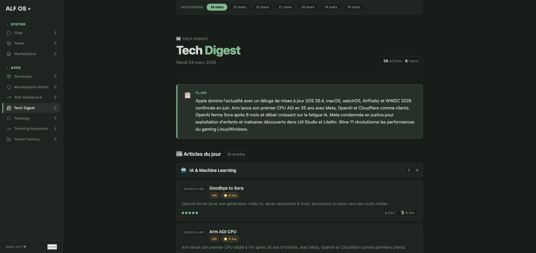 ALF OS App - Tech Digest built by AI, showing daily curated news with TL;DR summaries