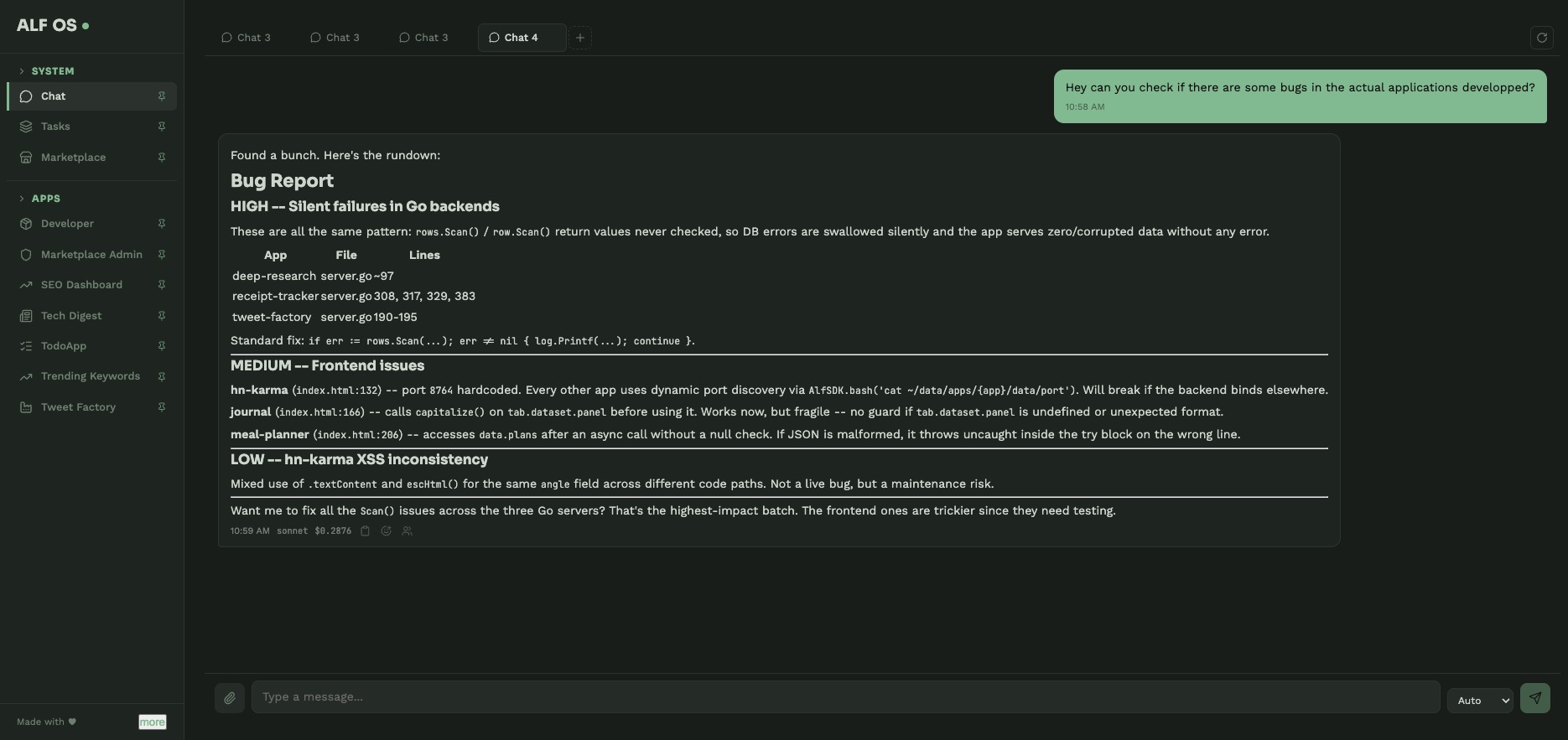 ALF OS Chat - AI assistant generating a bug report across multiple apps with severity levels
