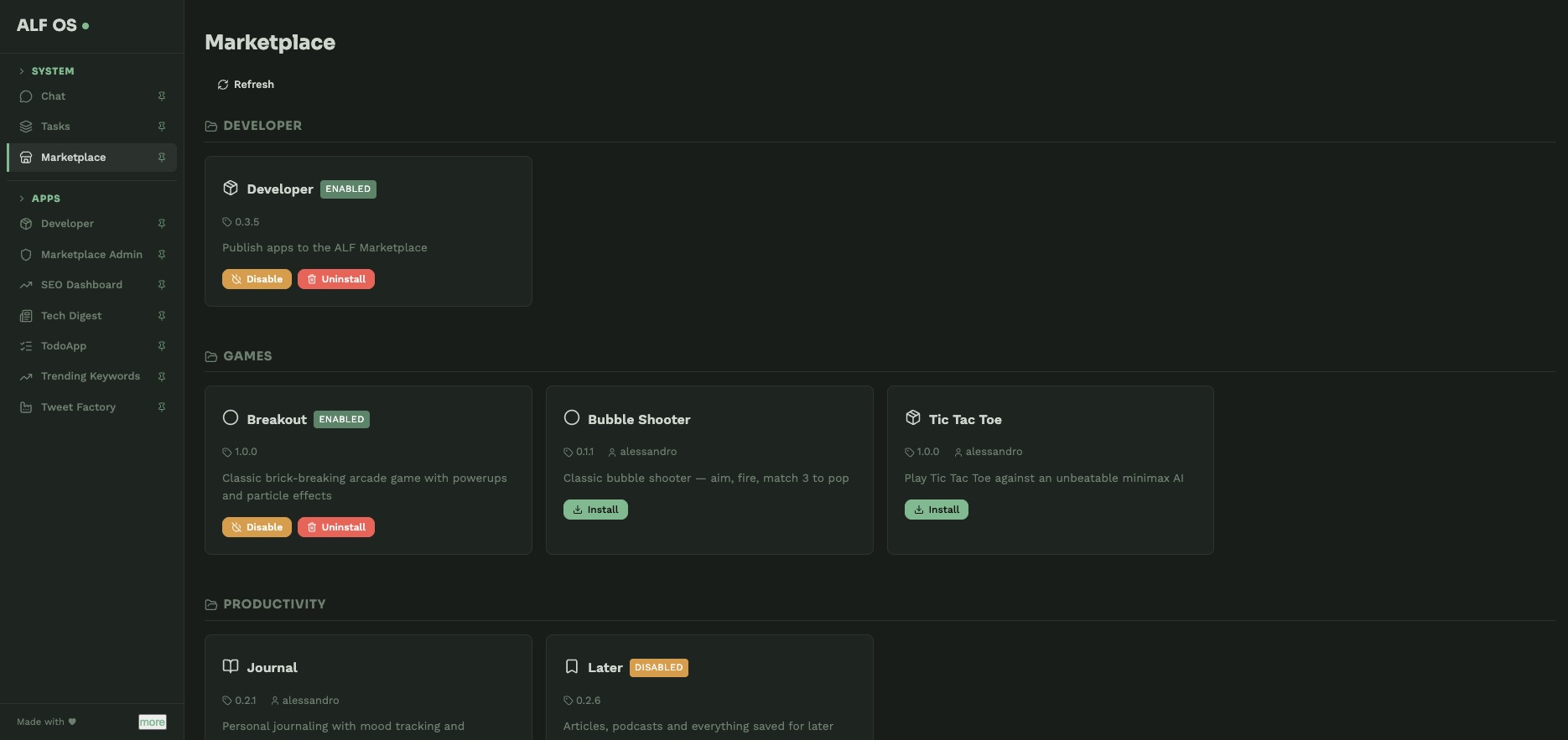 ALF OS Marketplace - Browse and install AI-built apps like games, journals, and developer tools