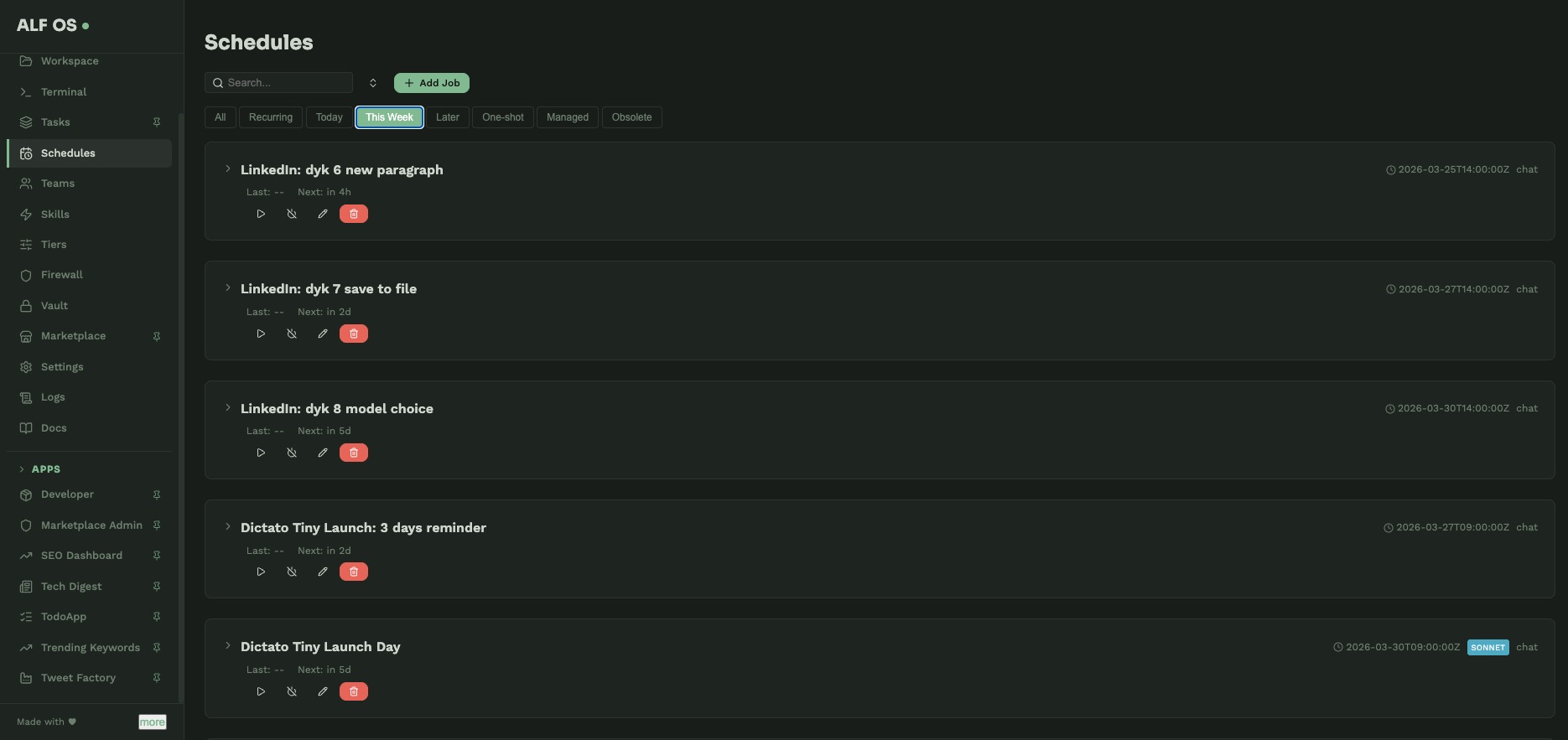 ALF OS Schedules - Automated tasks running on schedule with search and filtering