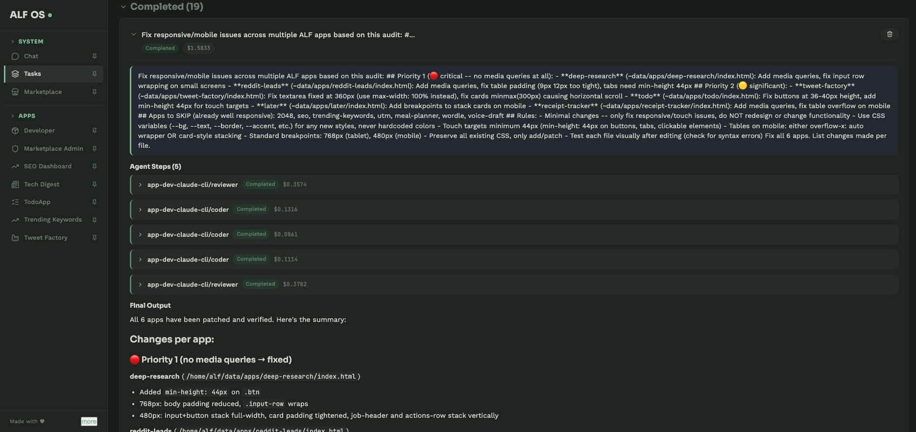 ALF OS Tasks - Agent team of reviewers and coders completing a multi-app fix autonomously