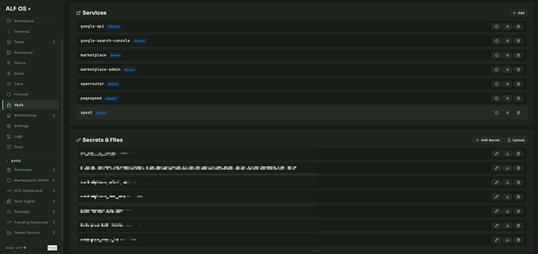 ALF OS Vault - Encrypted services, secrets, and files with OAuth2 and Bearer token management